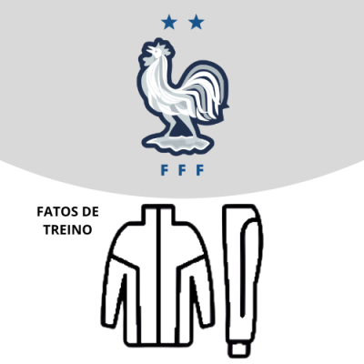 Logotipo da FFF com galo e duas estrelas, texto FATOS DE TREINO e ilustração de fato de treino preto e branco