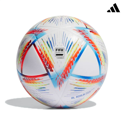 Bola de futebol branca com padrões coloridos e texto FIFA QUALITY no centro