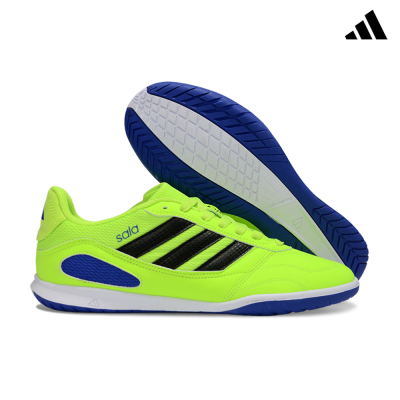 Ténis de desporto amarelo fluorescente com detalhes azuis e pretos