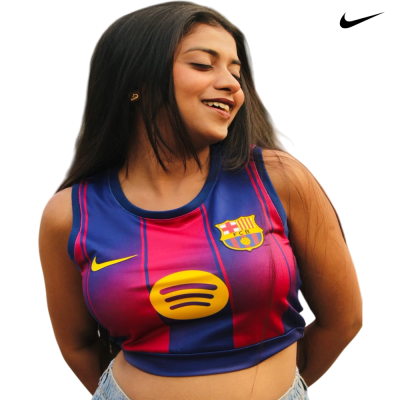 Top cropped desportivo azul e vermelho com logo FC Barcelona e Nike