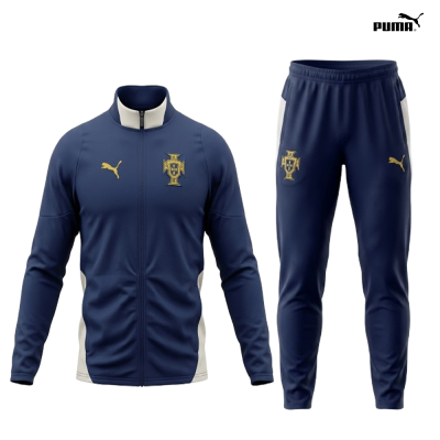 Conjunto de desporto Puma azul escuro com fecho e calças, com logótipos dourados e detalhes brancos