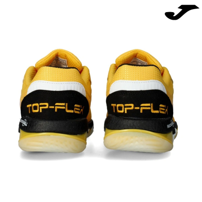 Par de ténis amarelos com detalhes pretos e brancos vistos de trás com o texto TOP-FLEX.