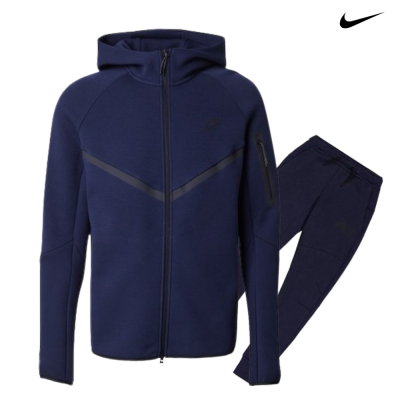 Conjunto desportivo Nike azul escuro com casaco com capuz e calças.