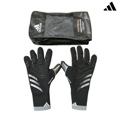 Luvas de guarda-redes Adidas Predator Pro pretas com detalhes cinza e embalagem preta