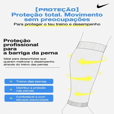 Ilustração de perna com suporte elástico e texto sobre proteção e desempenho no treino.