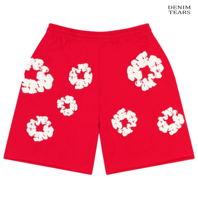 Calções vermelhos com estampado branco e texto DENIM TEARS