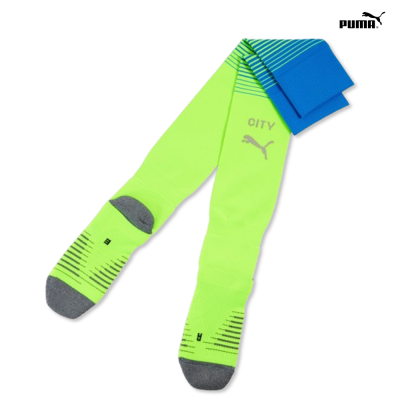 Meias desportivas amarelo fluorescente com punhos azuis e detalhes cinzentos