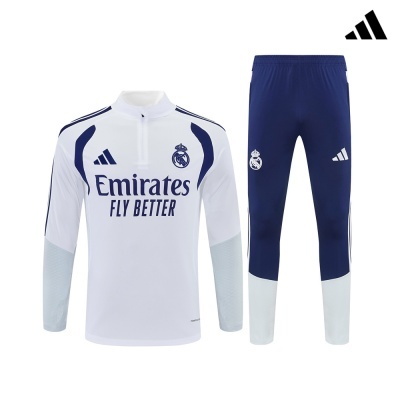 Conjunto de treino Real Madrid branco e azul escuro com logótipos Adidas e Emirates.