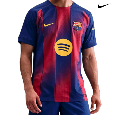 Camisola de futebol FC Barcelona azul e grená com logos Nike e Spotify amarelos
