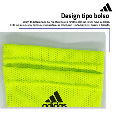 Protetor de caneleira Adidas amarelo neon com textura perfurada e design tipo bolso