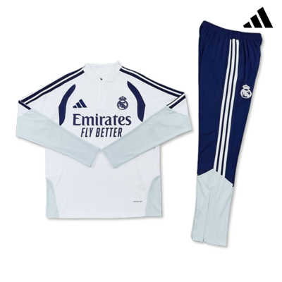 Conjunto desportivo Real Madrid com camisola branca e calças azuis