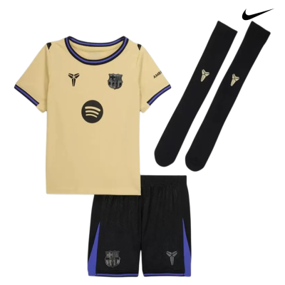 Equipamento infantil de futebol amarelo e preto com logótipos FC Barcelona e Spotify