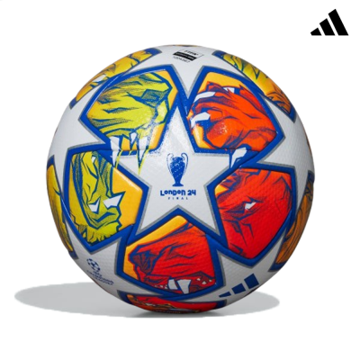 Bola de futebol com padrões coloridos e texto London 24 FINAL