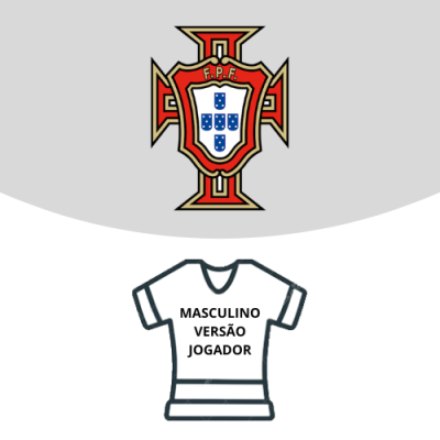 Símbolo da F.P.F. vermelho e dourado com escudos azuis e camisola branca com texto