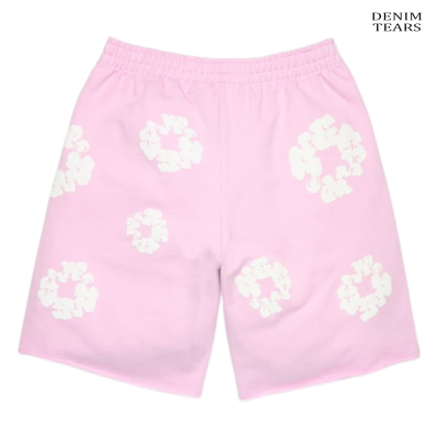 Calções cor de rosa com flores brancas e cintura elástica