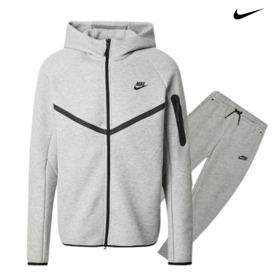 Conjunto desportivo Nike cinzento claro com casaco de capuz e calças.