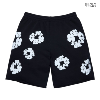 Calções pretos com estampas brancas circulares e texto Denim Tears