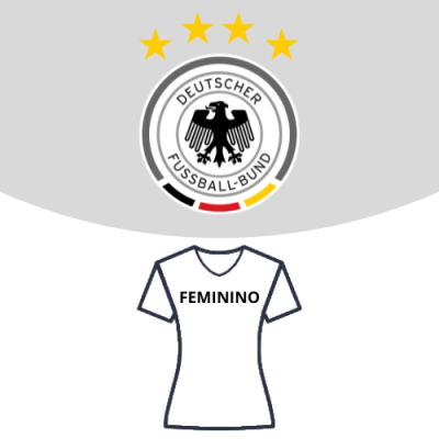 Logótipo da seleção alemã com quatro estrelas e t-shirt branca com texto FEMININO