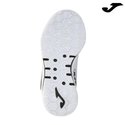 Solado branco de sapato com detalhes pretos e logotipo preto Joma