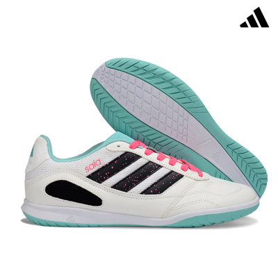 Sapatilhas desportivas brancas com detalhes em preto, rosa e azul-turquesa