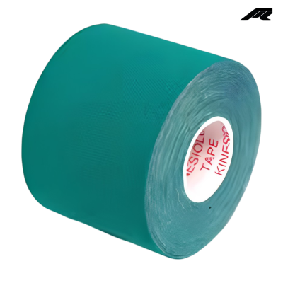 Rolo de fita kinesio verde com texto vermelho no interior