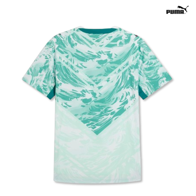 T-shirt desportiva Puma com padrão verde e branco vista de costas
