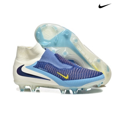 Chuteiras de futebol Nike azul, branca e amarelo com sola translúcida e cravos.