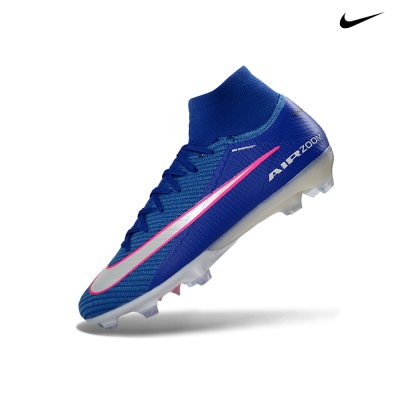 Chuteira de futebol Nike Air Zoom azul com logo branco e rosa