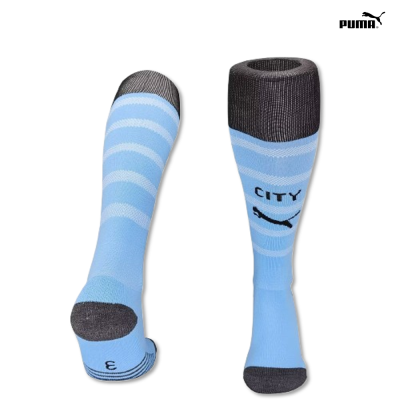 Meias desportivas azuis com riscas claras e detalhes cinzentos