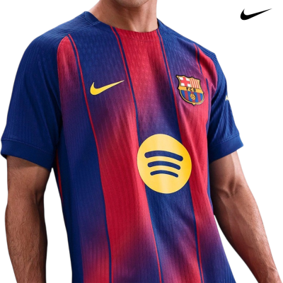 T-shirt desportiva do Barça azul e vermelha com logótipos amarelos