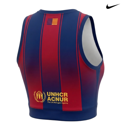 Top desportivo azul e vermelho com logótipo UNHCR ACNUR