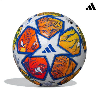 Bola de futebol Adidas branca com estrelas azuis e decoradas em amarelo e laranja