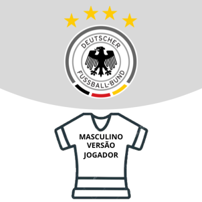 Logótipo Deutscher Fussball-Bund com quatro estrelas e desenho de camisola branca masculina com texto