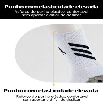 Meia branca com punho elástico e riscas pretas, texto promove elasticidade elevada e conforto.