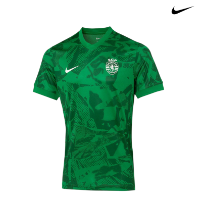 Camisola de futebol verde do Sporting Clube com padrão gráfico e logotipos Nike