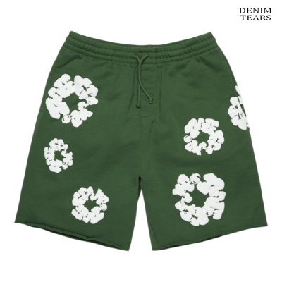 Calções verdes com flores brancas e cordão na cintura