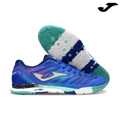 Sapatilhas desportivas azuis com sola verde, branca e azul com padrão hexagonal