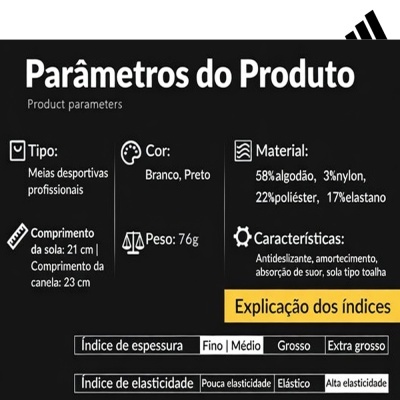 Parâmetros do Produto de meias desportivas profissionais em branco e preto com composição e características técnicas descritas.