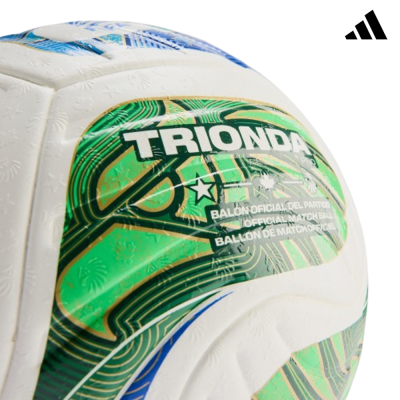 Bola de futebol branca com detalhes coloridos e texto TRIONDA