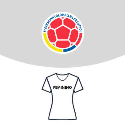 Logótipo da Federação Colombiana de Futebol e t-shirt branca com texto FEMININO