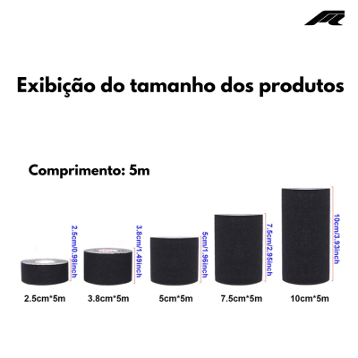 cinco rolos de fita adesiva preta em diferentes larguras, todos com 5 metros de comprimento