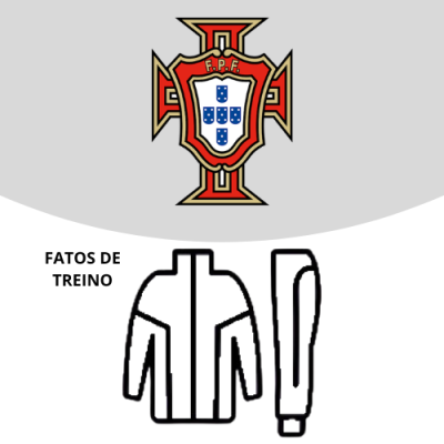 Logo FPF, texto FATOS DE TREINO e desenhos a preto de casaco e calças