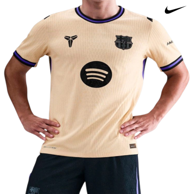 Camisola amarela clara com logos FC B e Spotify e detalhes pretos e roxos