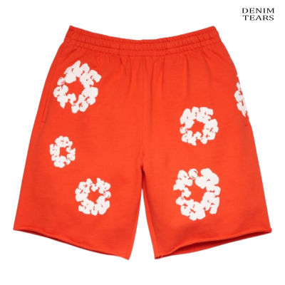 Calções laranja com estampas brancas de flores e cintura elástica