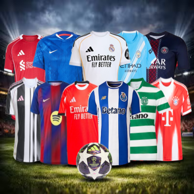 Dez camisolas oficiais de clubes de futebol europeus com bola oficial UEFA Champions League