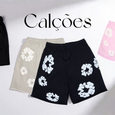 Calções de algodão em diferentes cores e estampas sobre fundo branco.