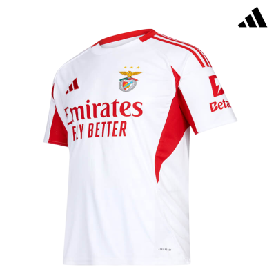 Camisola de futebol branca e vermelha do Benfica com patrocínios e logotipo Adidas
