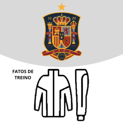 Brasão da Espanha com texto FATOS DE TREINO e ilustração de fato de treino preto e branco