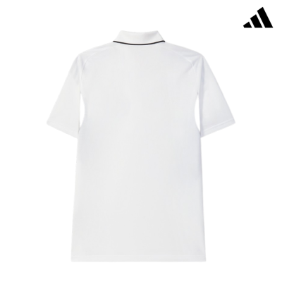 Camisola polo branca com linha preta na gola e manga curta