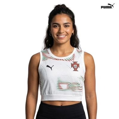 Top desportivo branco feminino com padrões verdes e vermelhos e logótipos Puma e Federação Portuguesa de Futebol